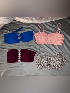Mixed Bikini Tops Set - Burgundy, Royal Blue, Leopard, Blush Pink